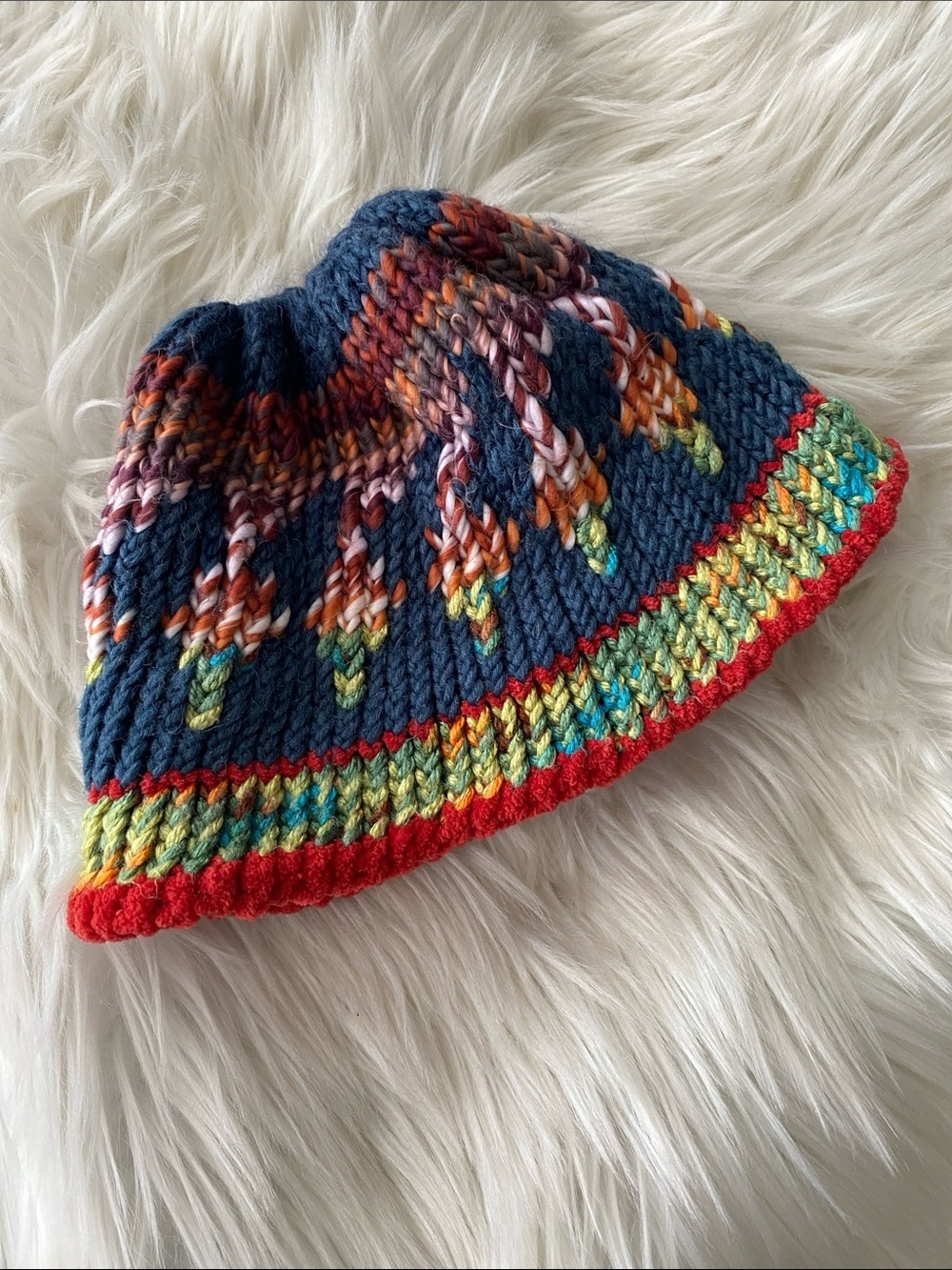 Handmade Multicolor Knit Bucket Hat - Navy with Red Trim